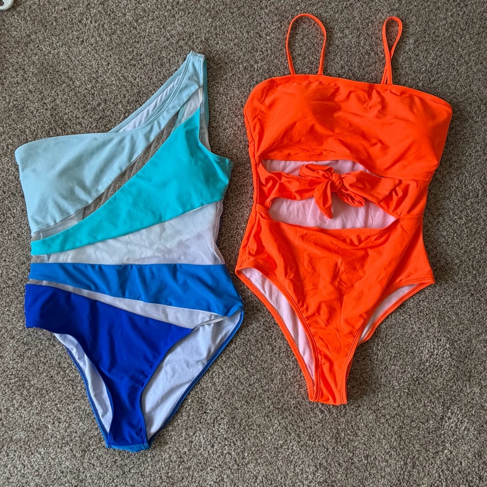 Bundle🌊Colorblock Blue One-Shoulder Swimsuit & Bright Orange Cutout One-Piece